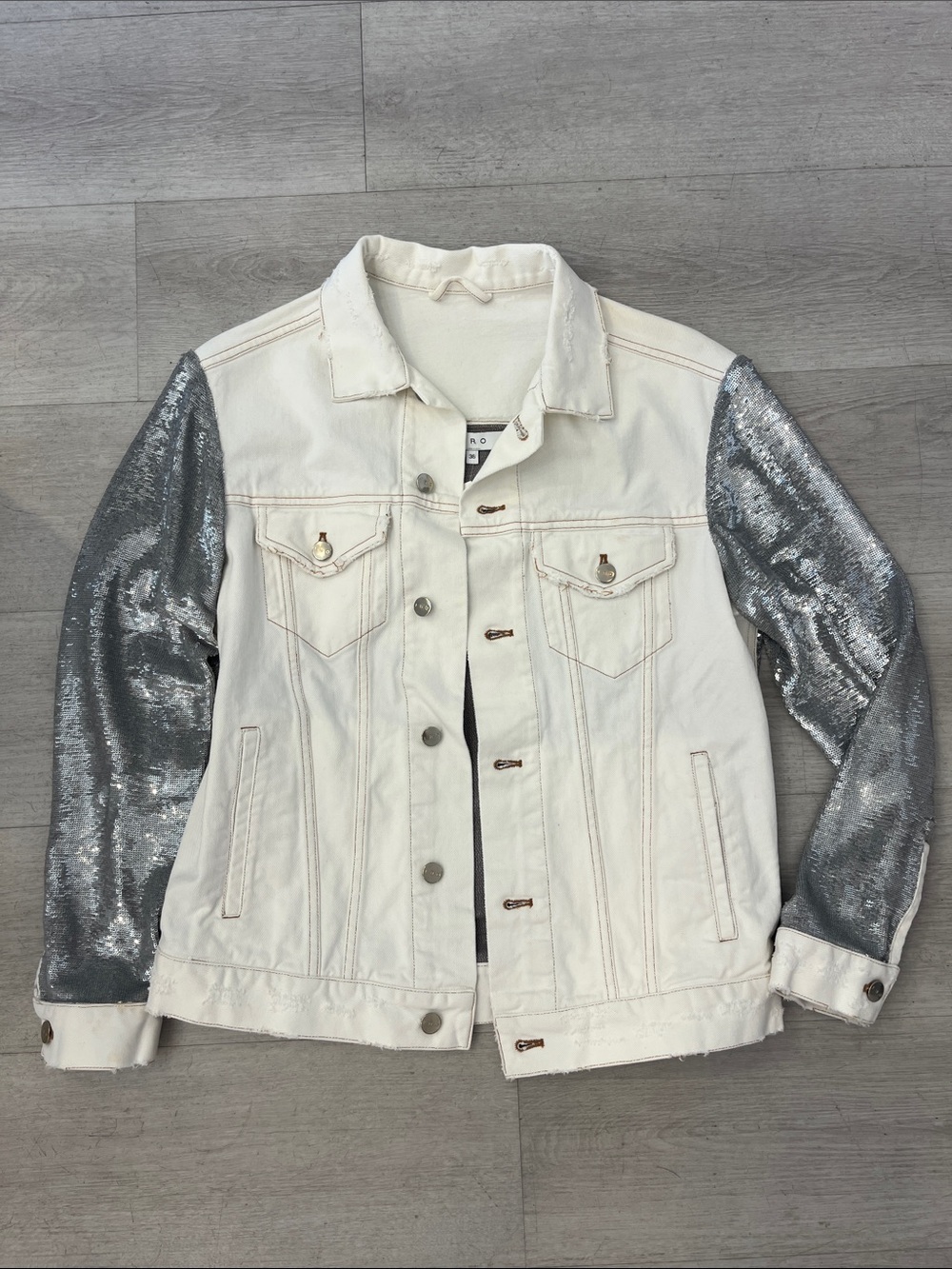 IRO White Denim Jacket with Silver Sequin Sleeves